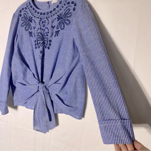 Love+Harmony Blue White Striped Cotton Embroidered Eyelet Tie Front Blouse S - Picture 12 of 14